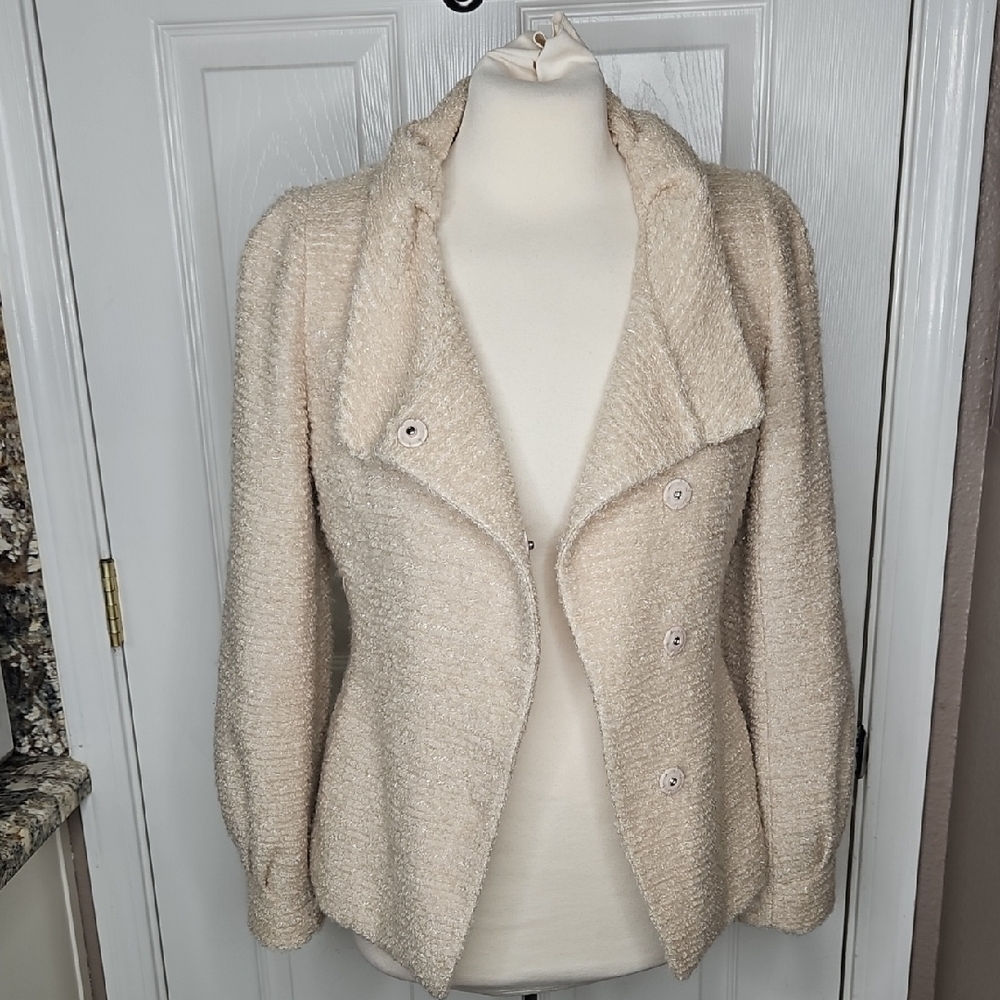 JIGOTT Elegant Cream/Oat Textured Metallic Silver Thread button Down Blazer - Picture 8 of 15